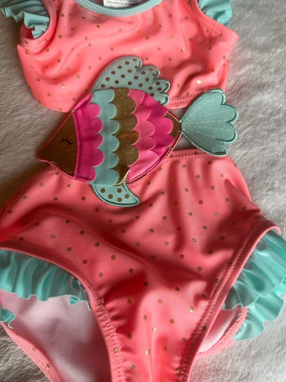 Girls' Coral Pink Fish Applique One-Piece Swimsuit with Aqua Ruffles